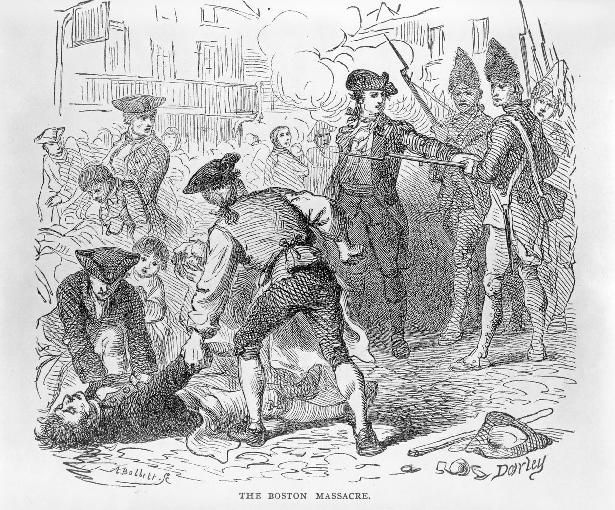 Boston-massakren, 5. marts 1770, indgraveret af A. Bollett af Felix Octavius Carr Darley