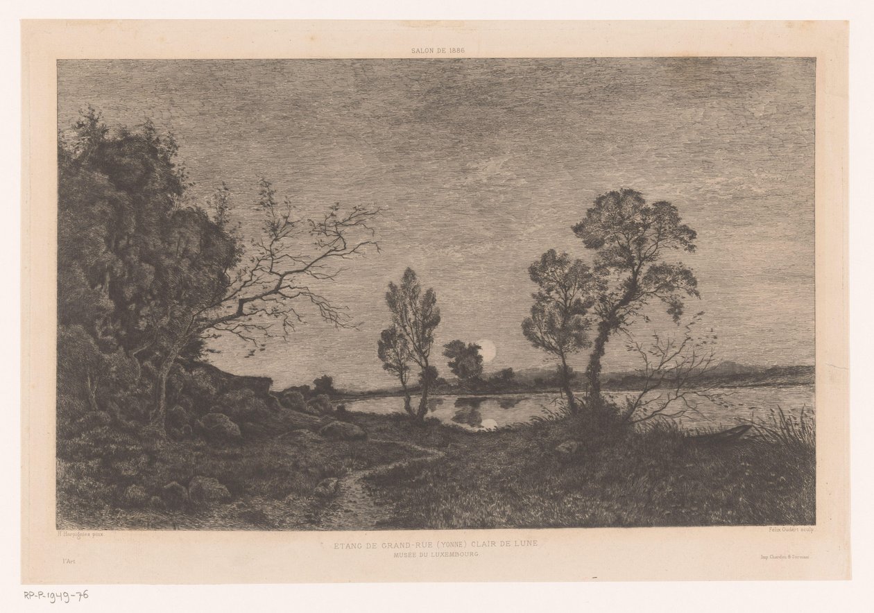 Landskab med sø ved måneskin Étang de Grand-Rue (Yonne) Clair de Lune (titel på objekt) af Felix Oudart