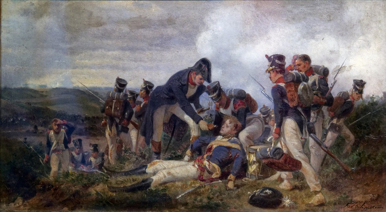 En linjeinfanteririffelofficer, der redder en løjtnant fra British 13th Light Dragons Regiment, 2. halvdel af det 19. århundrede (olie på lærred) af Felix Philippoteaux
