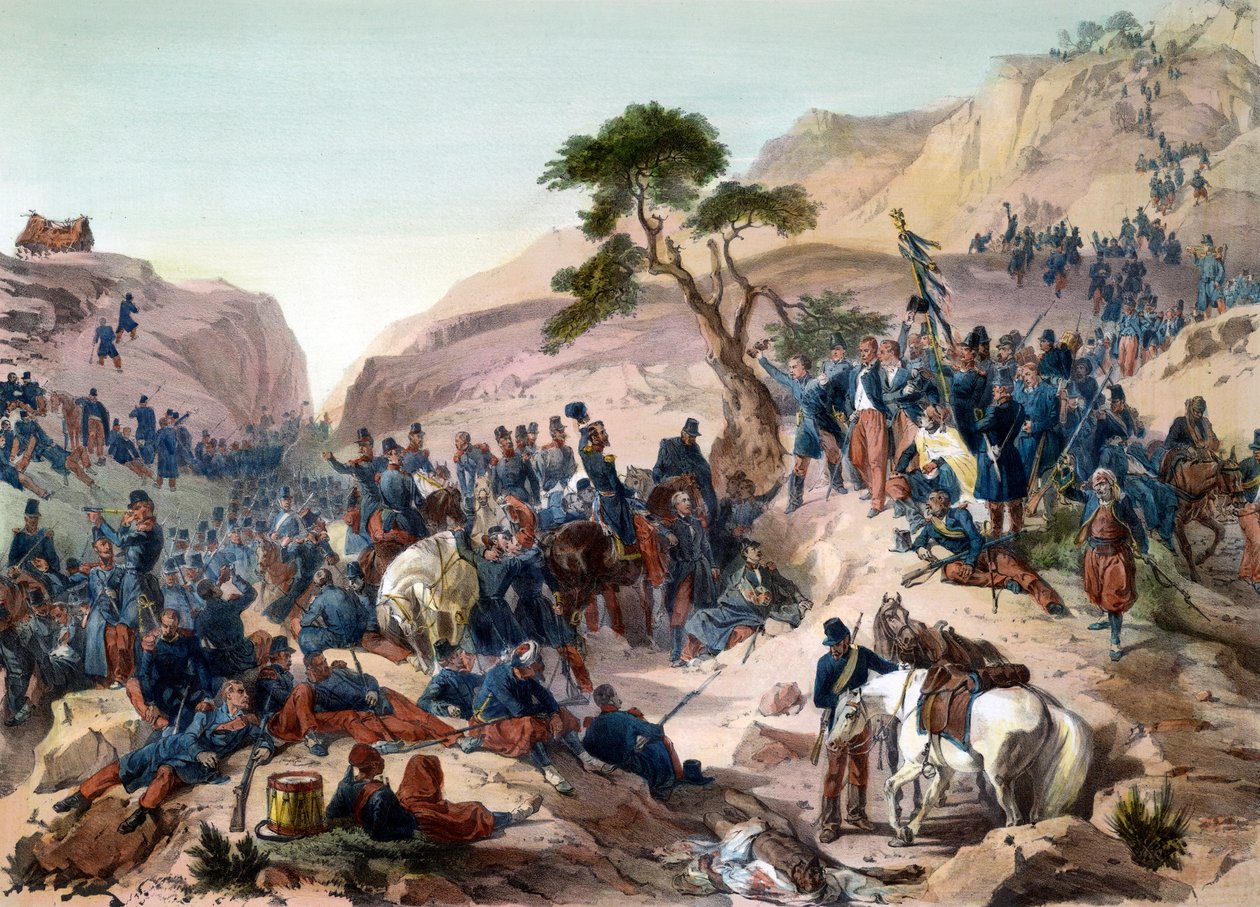 Episode af erobringen af Algeriet i 1840 - Slaget ved Mouzaia-passet (1840) - Hertugen af Orleans udøver kommando i den franske hær - gravering af Philippoteaux - Den franske hær vinder Teniah of Mouzaia-slaget om bjergpasset Mouzaia den 1. af Felix Philippoteaux