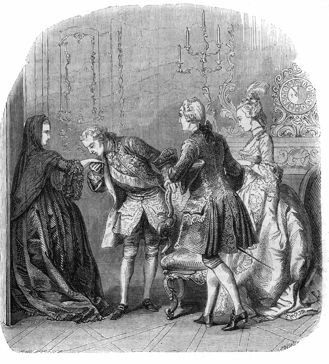Ludvig XV (1710-1774) kysser prinsessen af ​​Lamballes hånd (Marie Therese Louise de Savoie-Carignan eller Savoie Carignan) (1749-1792), i nærværelse af Marquis de Richelieu og Melle Lange (fremtidige grevinde af Barry () Madame du Barry) født Jeanne Be af Felix Philippoteaux