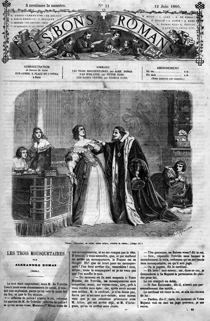Romersk føljeton: "De tre musketerer" af Alexandre Dumas (1802-1870). Mistænkt for utroskab af sin mand, Ludvig XIII, skal dronning Anne af Østrig (1601-1666) levere til kansleren et brev, hun angiveligt skrev til hertugen af Buckingham, hendes formodning af Felix Philippoteaux