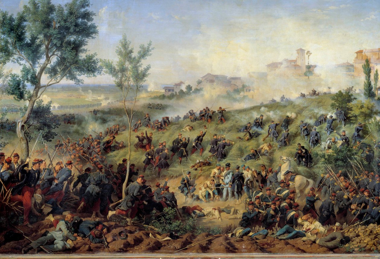Udsigt over slaget ved Montebello di Casteggio, 20/05/1859 Frankrig vinder den østrigske hær. Maleri af Henri-Felix-Emmanuel Philippoteaux (1815-1884) 1862. Dim. 1x1,5 m. Paris, Musee de l