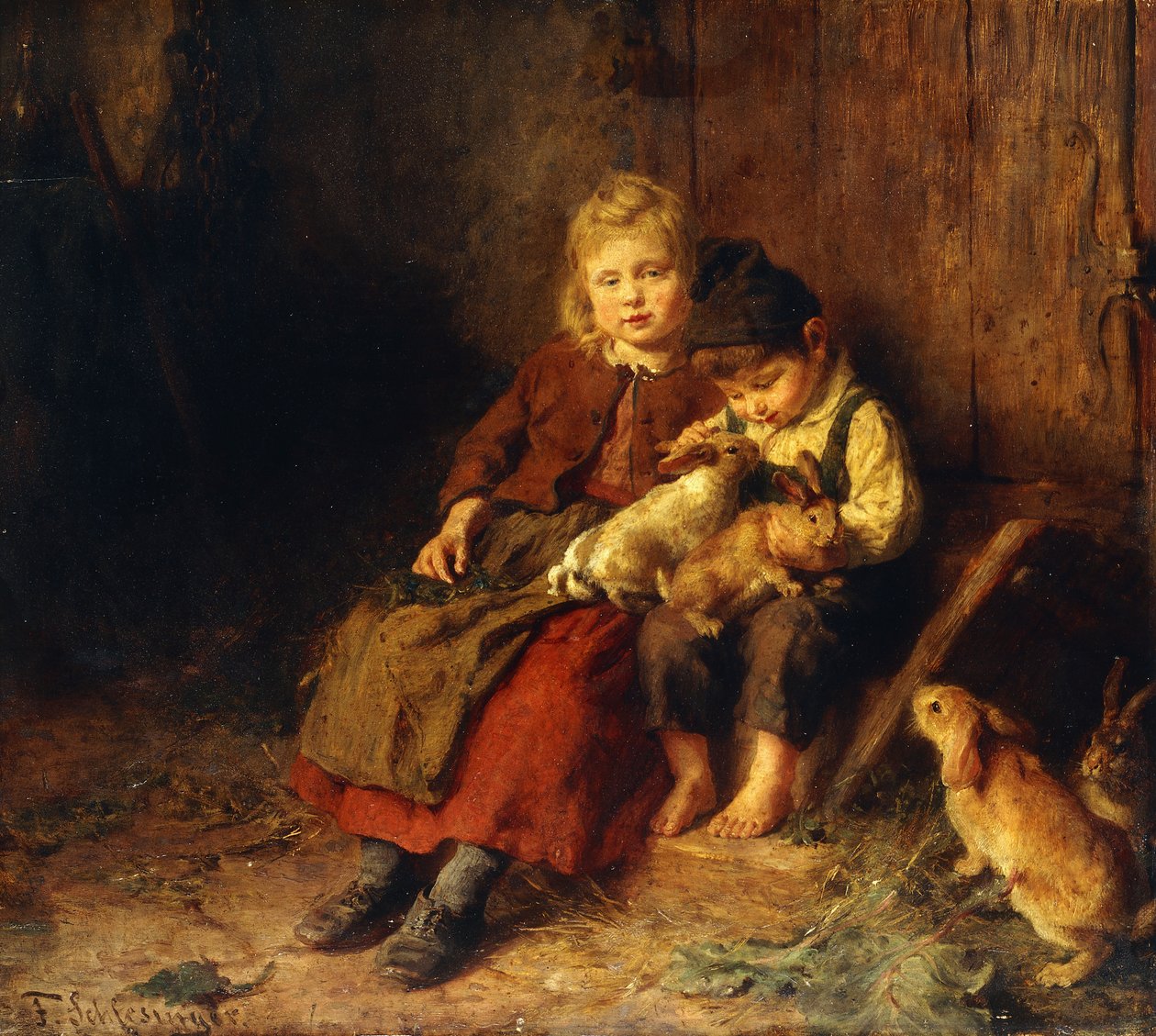 To børn leger med kaniner, af Felix Schlesinger