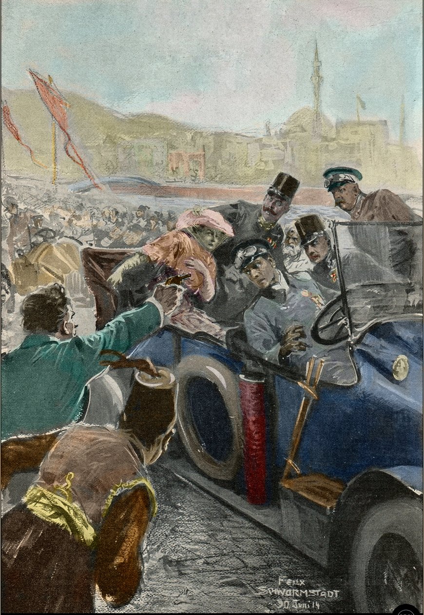 Mordet på Franz Ferdinand (1863-1914) ærkehertug af Østrig og hans kone Sophie i Sarajevo (stik) af Felix Schwormstadt