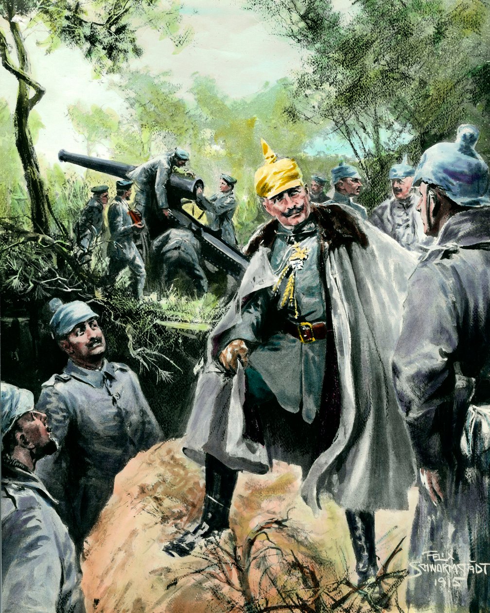 Første Verdenskrig: "" Portræt af kejser Vilhelm II (1859-1941) på besøg på en artilleripost"" Tryk af Felix Schwormstadt (1870-?) 1915 Privat samling af Felix Schwormstadt
