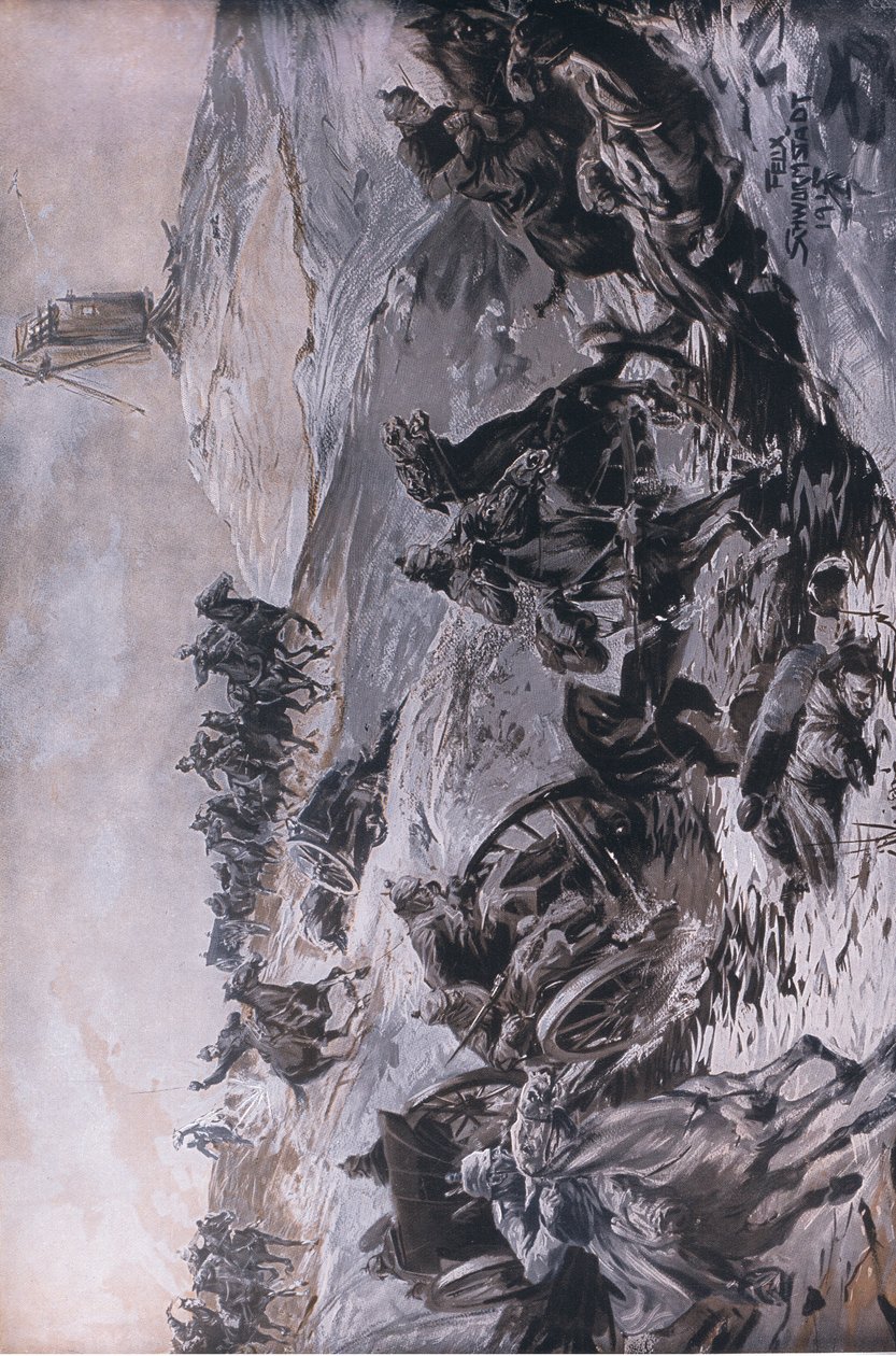 Fra østfronten: Artilleri i transit under fjendens beskydning, illustration fra Hindenburg udgivet af Daterlandischer Derlag C U Weller Berlin af Felix Schwormstadt