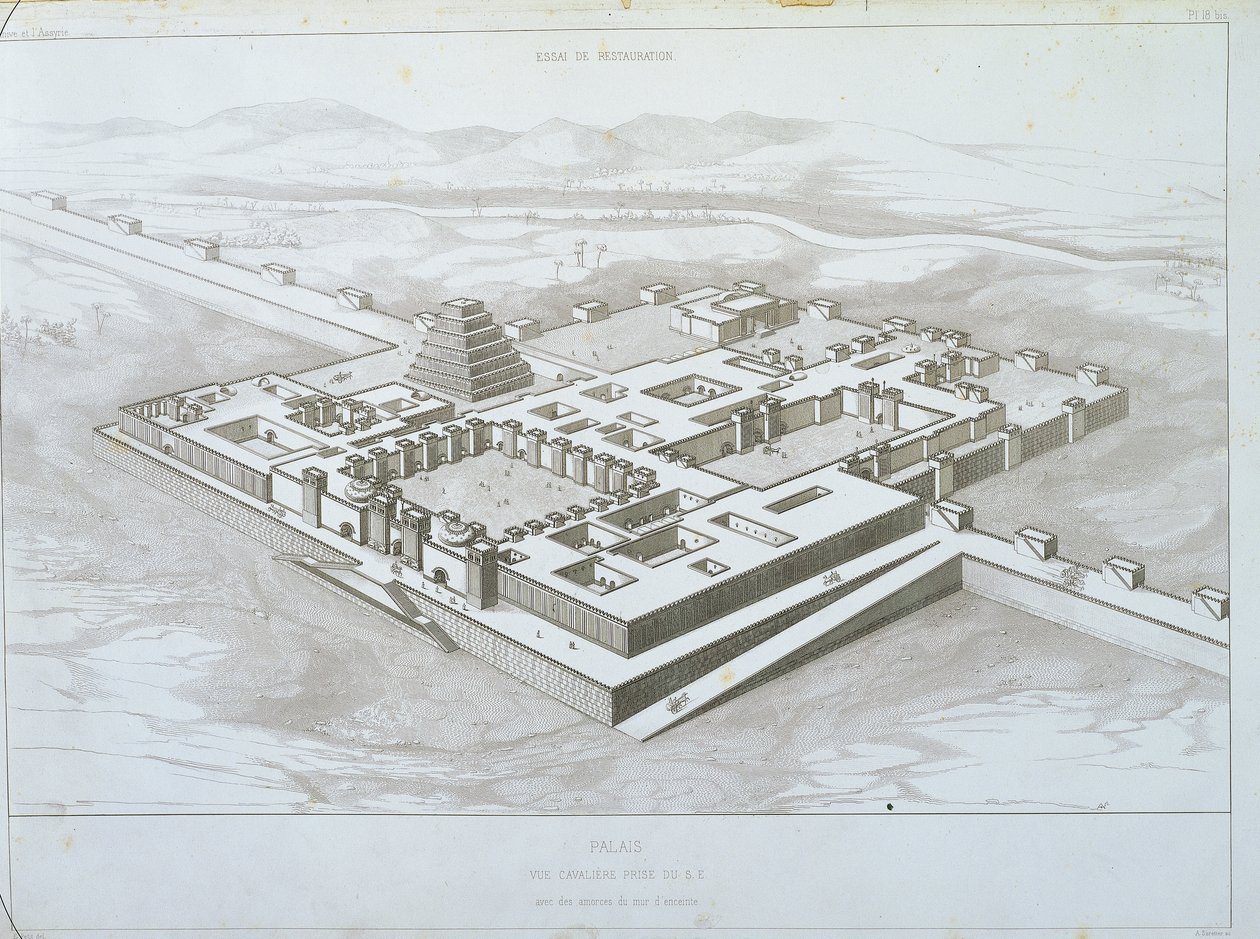 Khorsabad Palace, historisk udsigt fra sydøst med en del af de befæstede mure, illustration fra 