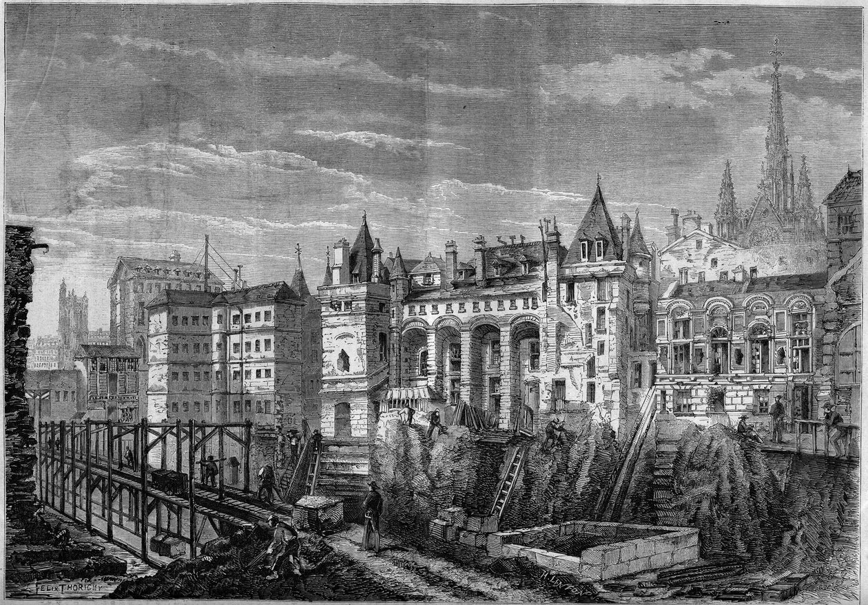 Arkitektur: udsigt over den vestlige facade af det tidligere palads for kongerne af Frankrig på Ile de la Cite, i Paris af Felix Thorigny