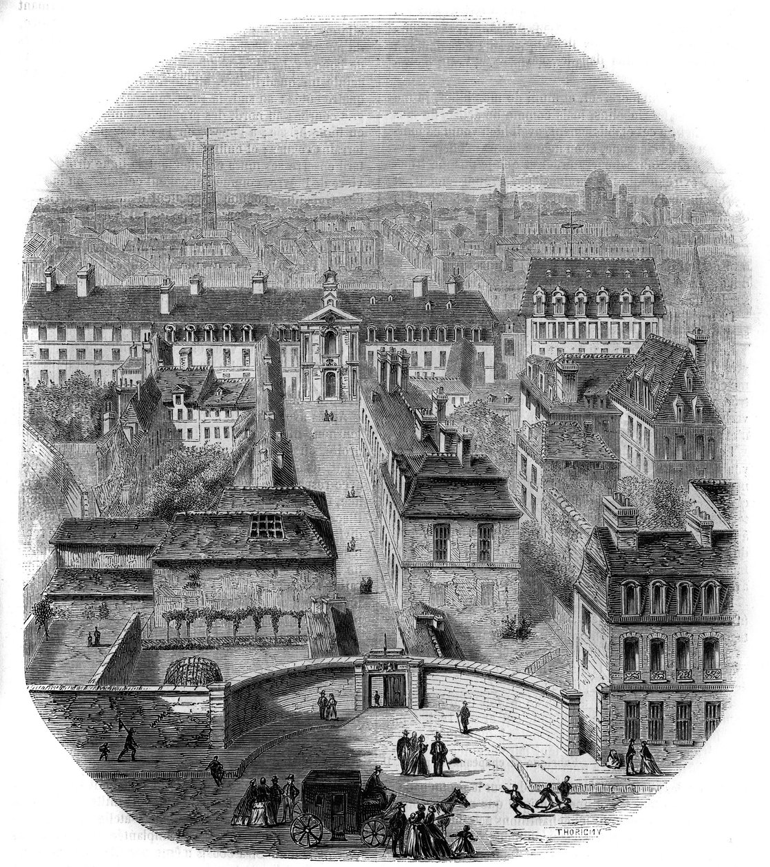 Udsigt over Gobelins gobelinfabrikken i Paris med Capuchins-klosteret, observatoriet og dronningen Blanches slot. Stik af Thorigny af Felix Thorigny