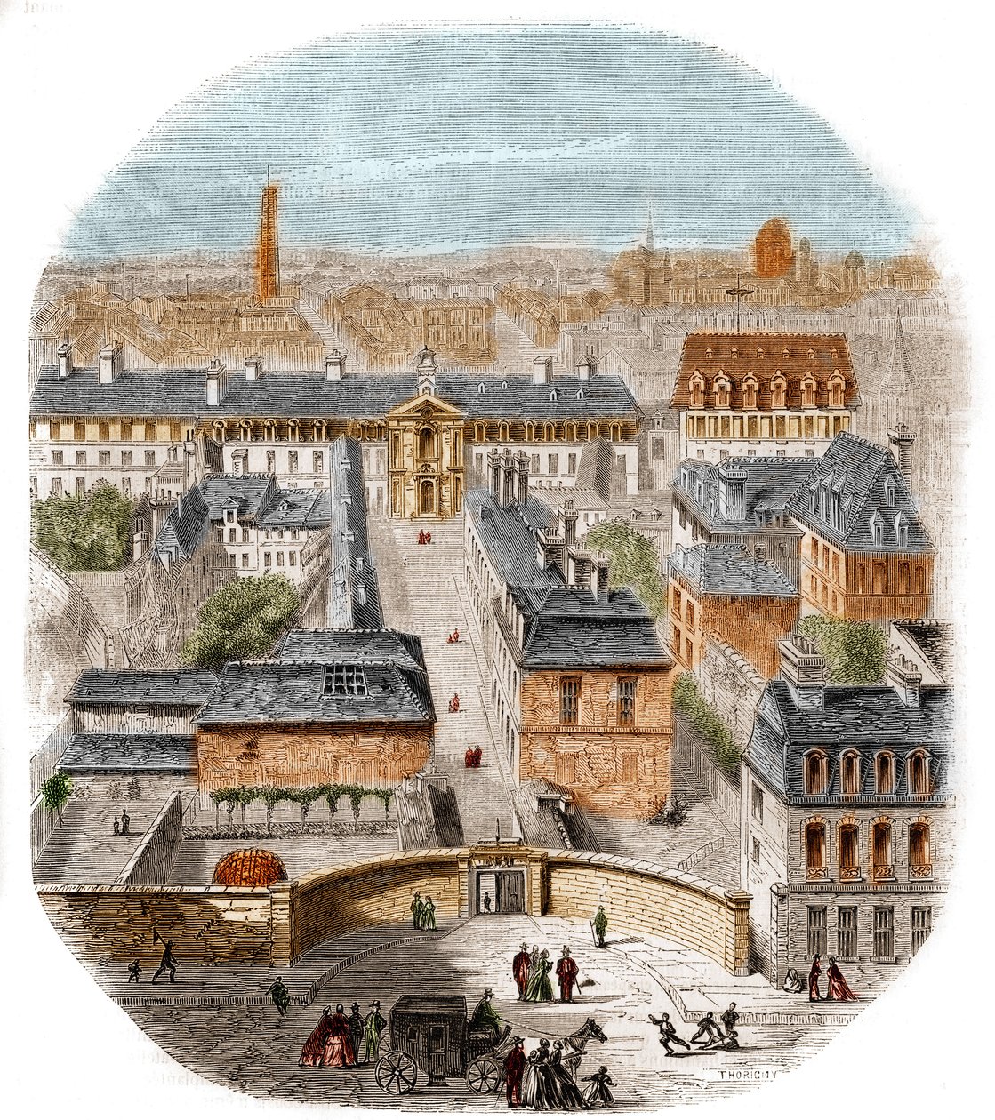 Udsigt over Gobelins gobelinfabrikken i Paris med Capuchins-klosteret, observatoriet og dronningen Blanches slot. Stik af Thorigny af Felix Thorigny