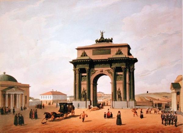 Triumfbuen på Tverskaya-pladsen i Moskva, trykt af Lemercier, Paris, 1840