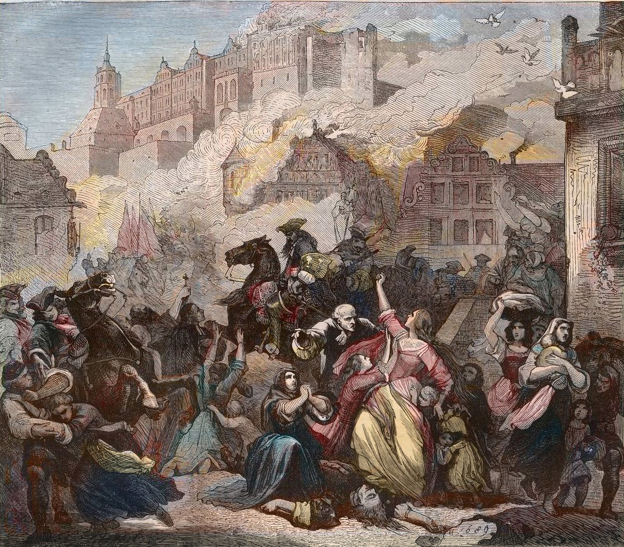 Ødelæggelse af Heidelberg af franskmændene under general Ezechiel Melac, 2. marts 1689 - Heidelberg Slotsbrand - 1689 - Niårskrig - Storalliancens krig - Ligaen Augsburs krig - 
