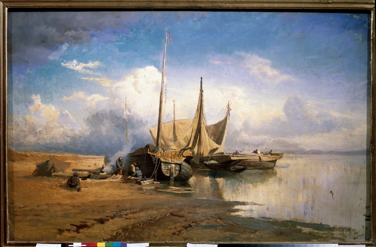 Udsigt over Volga, både (Udsigt over Volga, både) - Maleri af Fjodor Alexandrovich Vasilyev (Feodor Alexandrovich, Fiodor Alexandrovitch Vasiliev) (1850-1873), olie på lærred af Feodor Alexandrovich Vassiliev