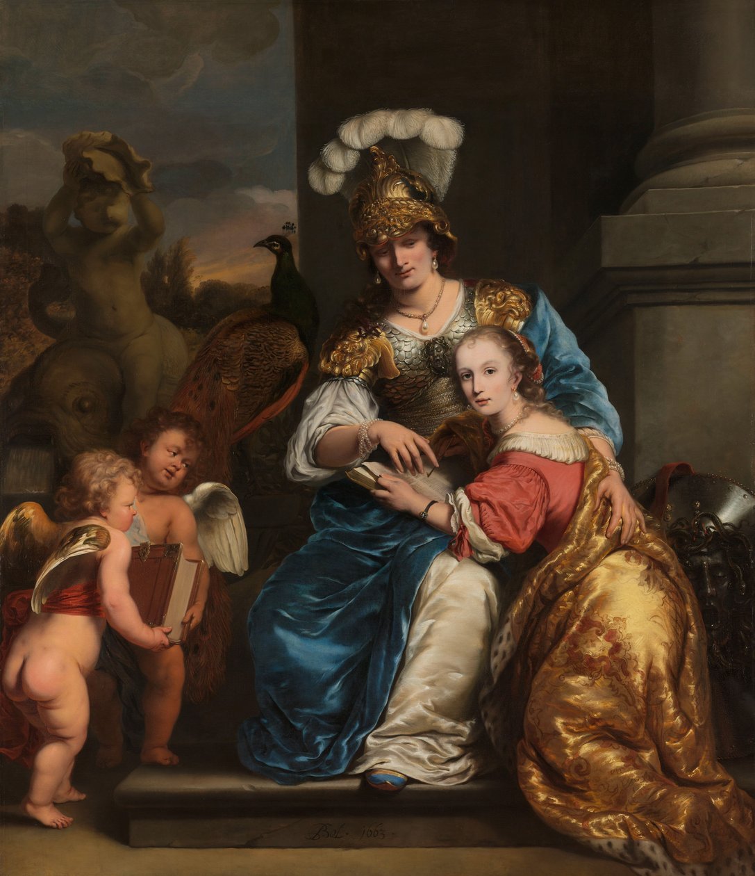 Margarita Trip som Minerva, instruerer sin søster Anna Maria Trip af Ferdinand Bol