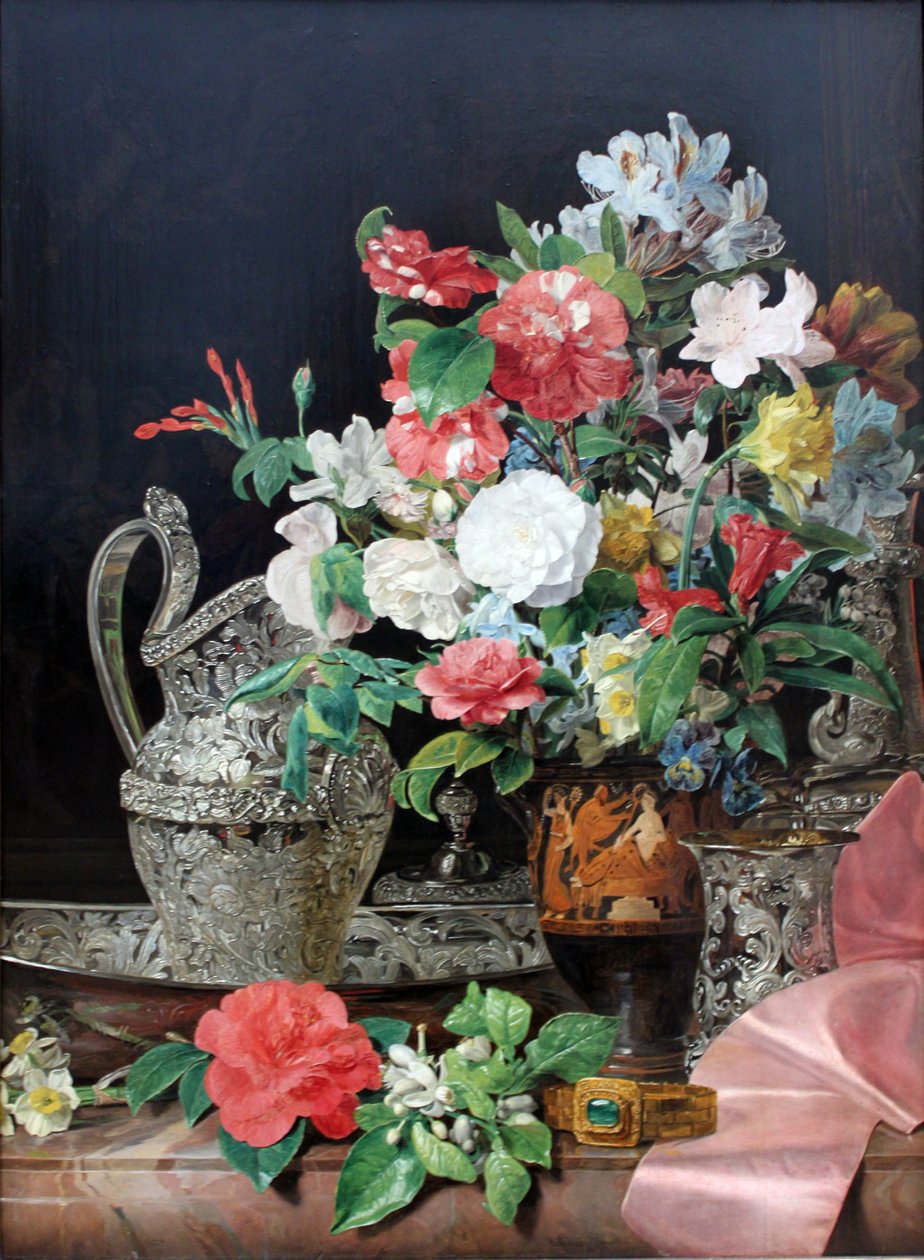 Buket blomster med sølvkar og antik vase af Ferdinand Georg Waldmuller