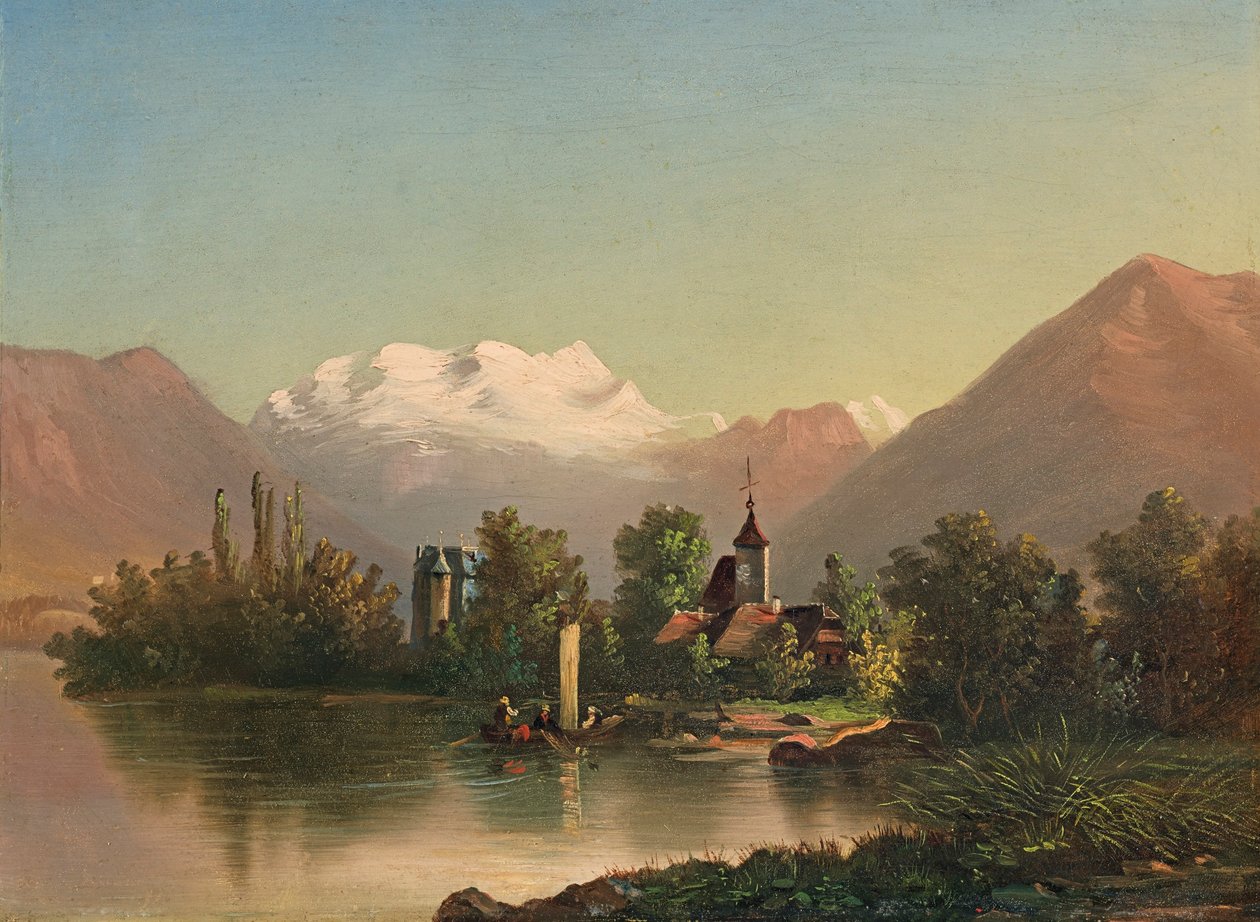 Schadau Slot med Scherzlingen Kirke og Blümlisalp (1871) af Ferdinand Hodler