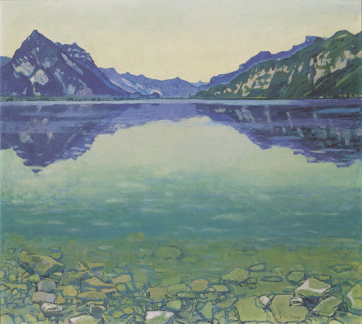 Thun -søen med symmetrisk refleksion før solopgang af Ferdinand Hodler