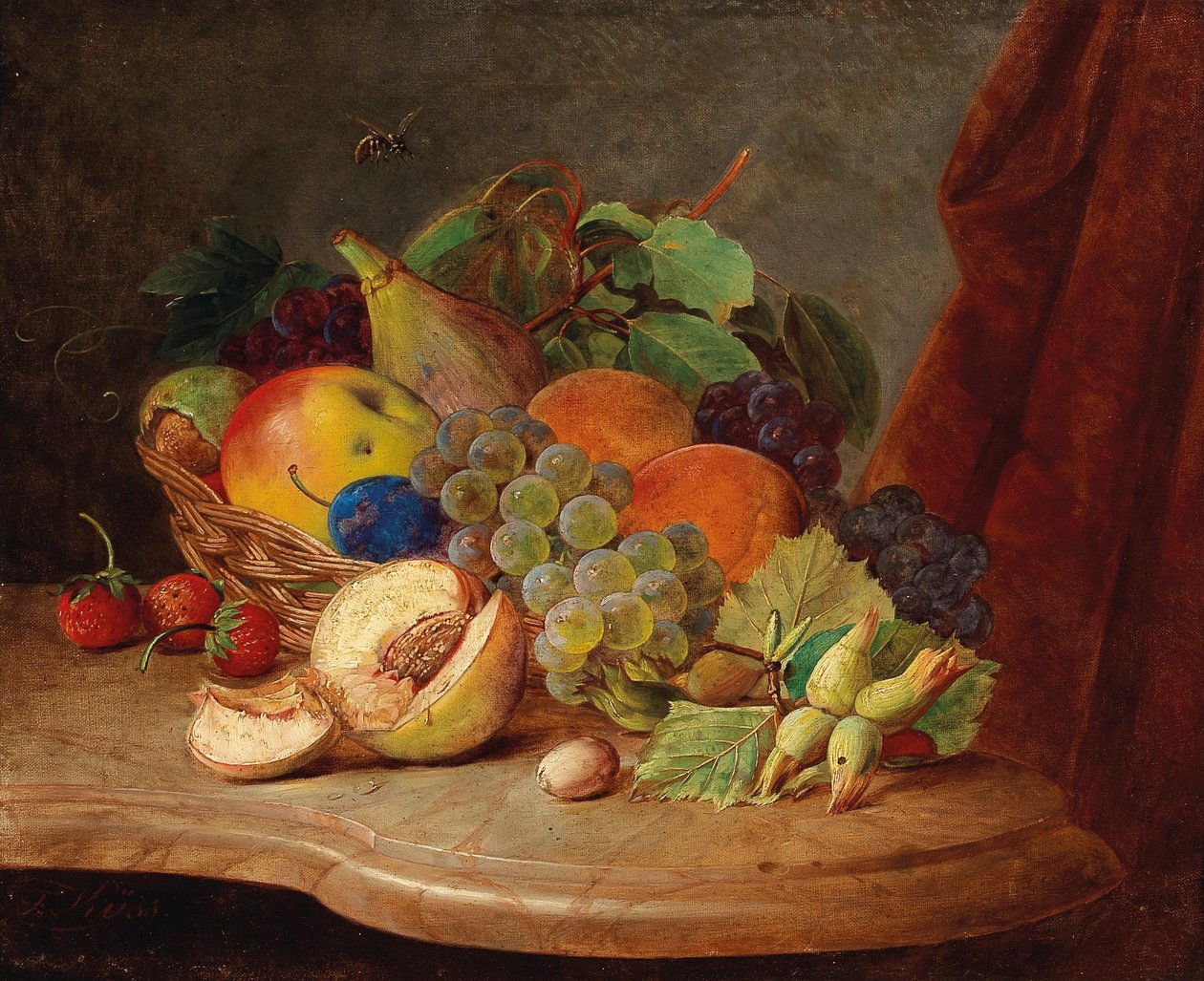 Stilleben med kurv med frugt og bi af Ferdinand Kuss