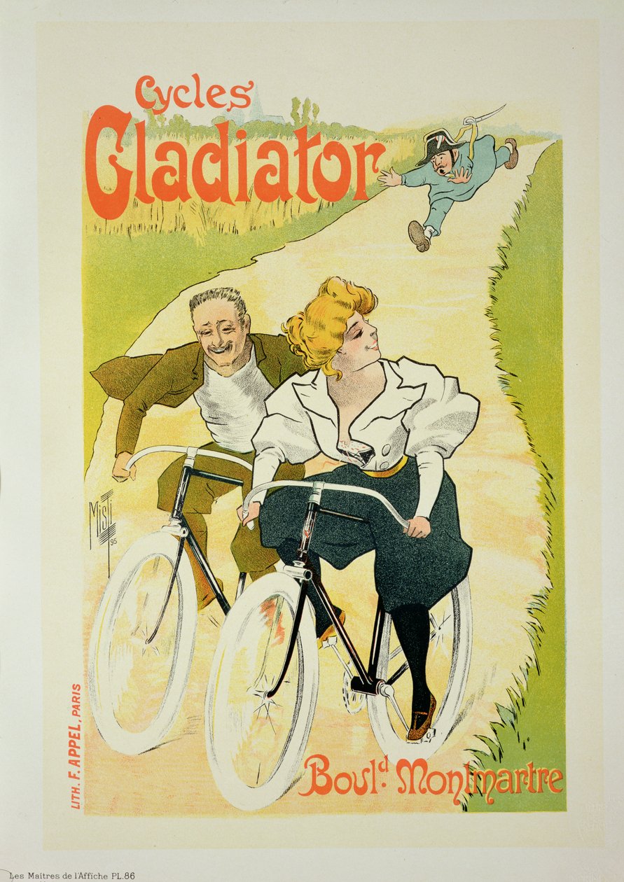 Reproduktion af en plakat, der reklamerer for "Gladiator Cycles", Boulevard Montmartre, Paris, 1895 af Ferdinand Misti Mifliez