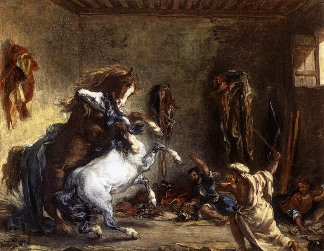 Arabiske heste kæmper i en stald af Ferdinand Victor Eugene Delacroix