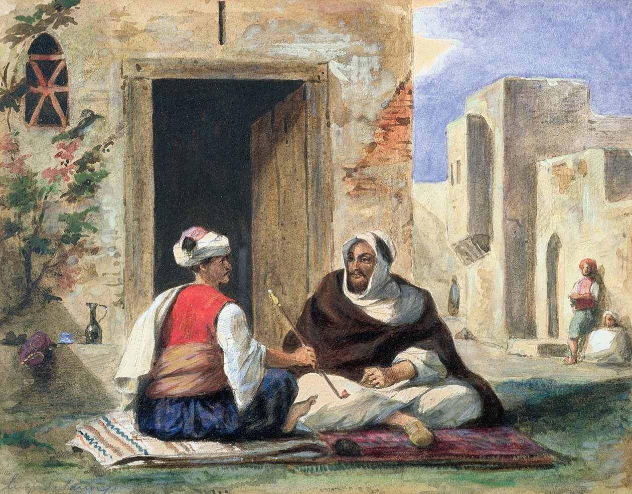 Arabiske mænd ryger foran et hus af Ferdinand Victor Eugene Delacroix