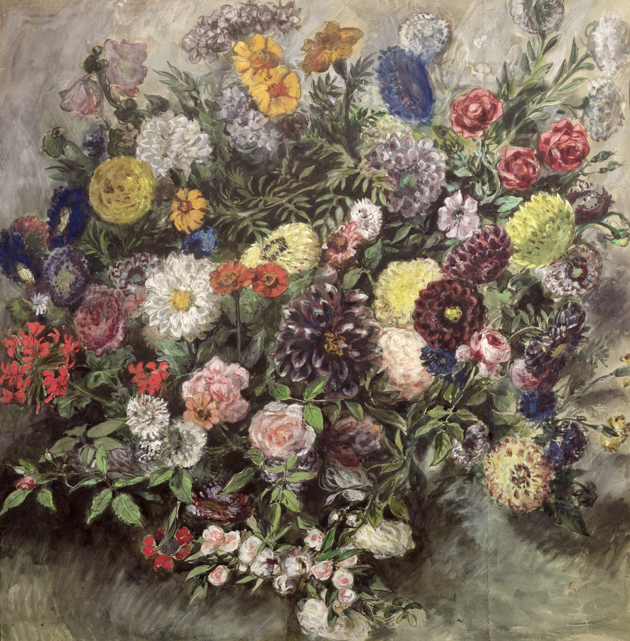 Buket blomster (wc, gouache og pastel på papir) af Ferdinand Victor Eugene Delacroix