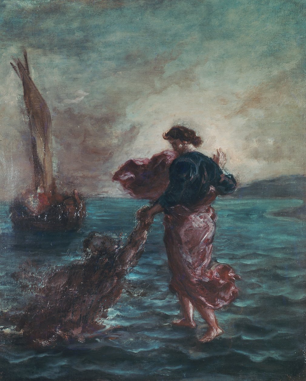 Kristus går på vandet og rækker sin hånd ud for at redde Sankt Peter af Ferdinand Victor Eugene Delacroix