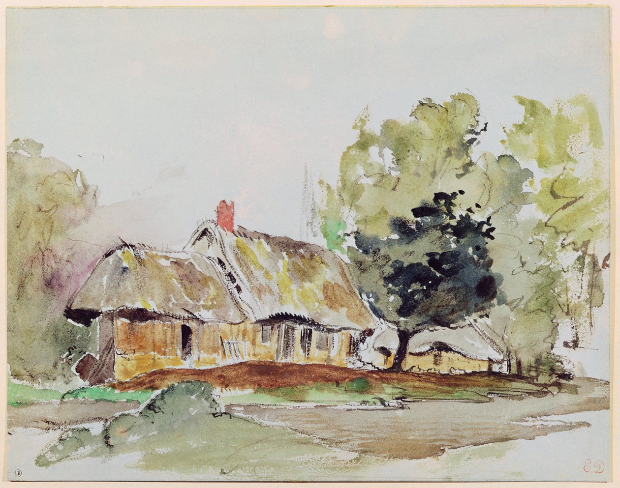 Sommerhus under store træer om sommeren, ca. 1831 (blyant og wc på papir) af Ferdinand Victor Eugene Delacroix