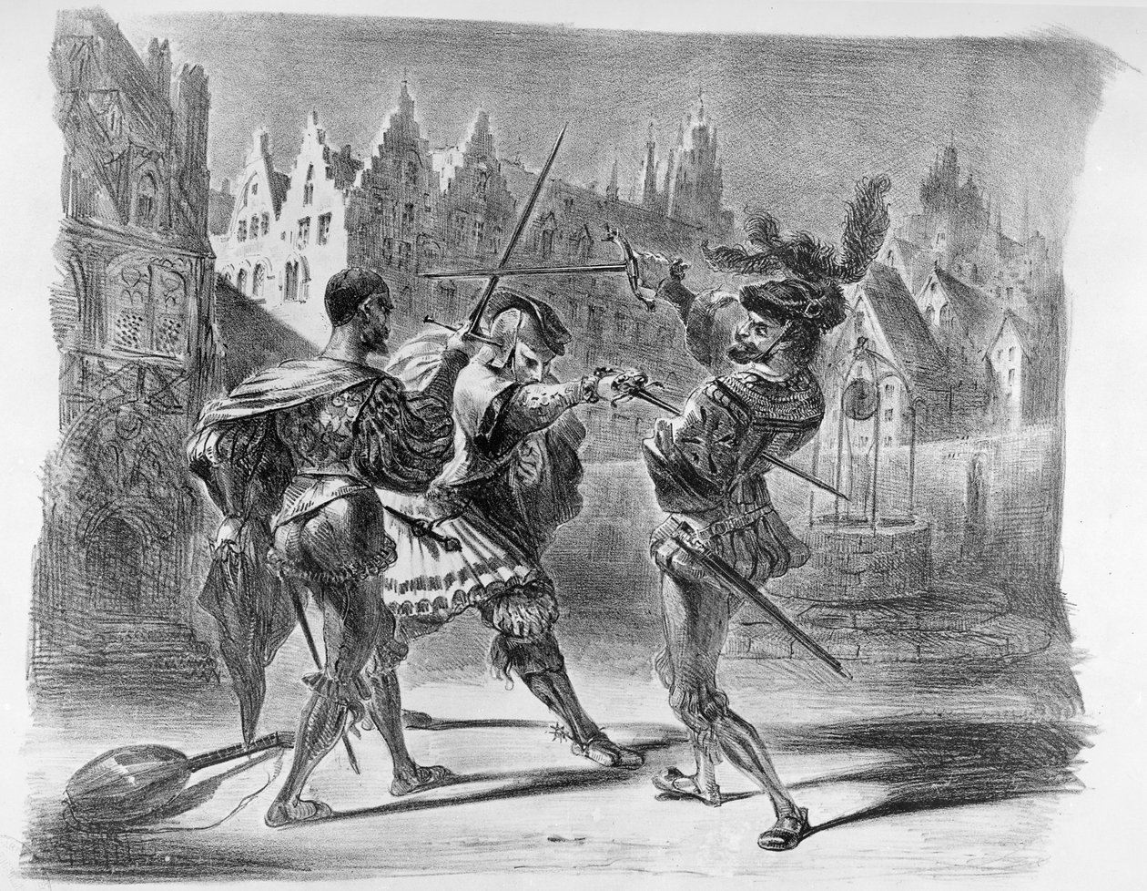 Duel mellem Faust og Valentin, fra Goethes Faust, efter 1828, (illustration), (bw foto af litografi) af Ferdinand Victor Eugene Delacroix