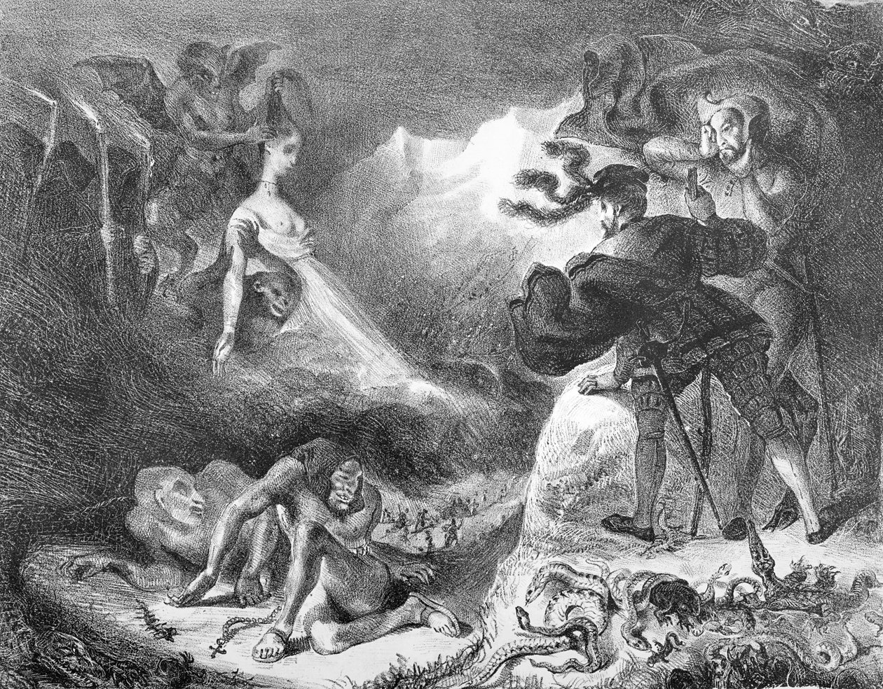 Faust og Mephistopheles ved heksesabbaten, fra Goethes Faust, 1828, (illustration), (bw foto af litografi) af Ferdinand Victor Eugene Delacroix