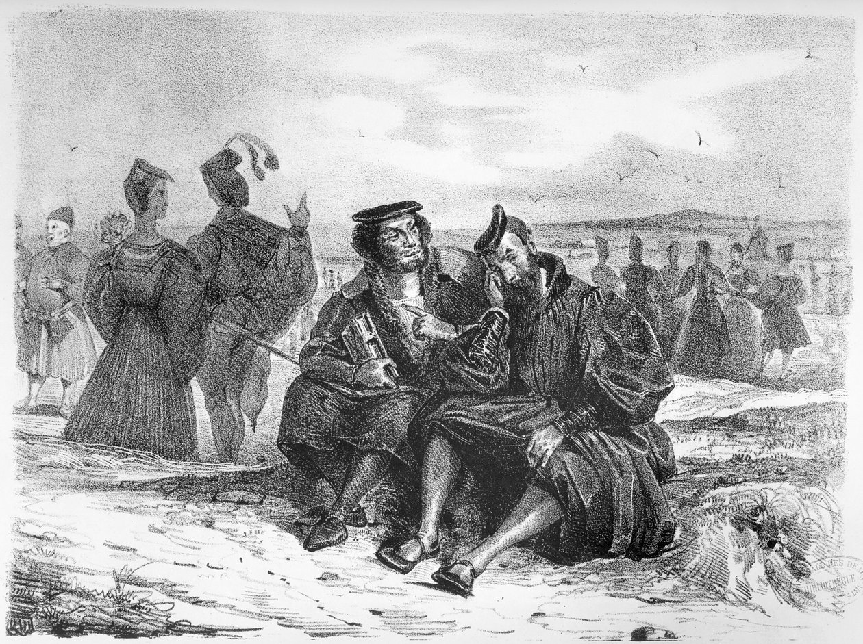 Faust og Wagner i samtale, Illustration til Faust af Goethe (bw foto af litografi) (se også 59929) af Ferdinand Victor Eugene Delacroix