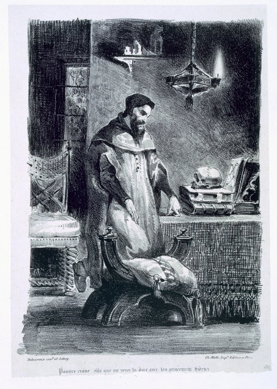 Faust i hans Studie, fra Goethes Faust, 1828, (illustration), (bw foto af litografi) af Ferdinand Victor Eugene Delacroix