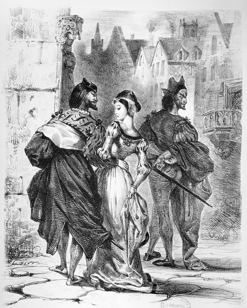 Faust møder Marguerite, fra Goethes Faust, efter 1828, (illustration), (bw foto af litografi) af Ferdinand Victor Eugene Delacroix
