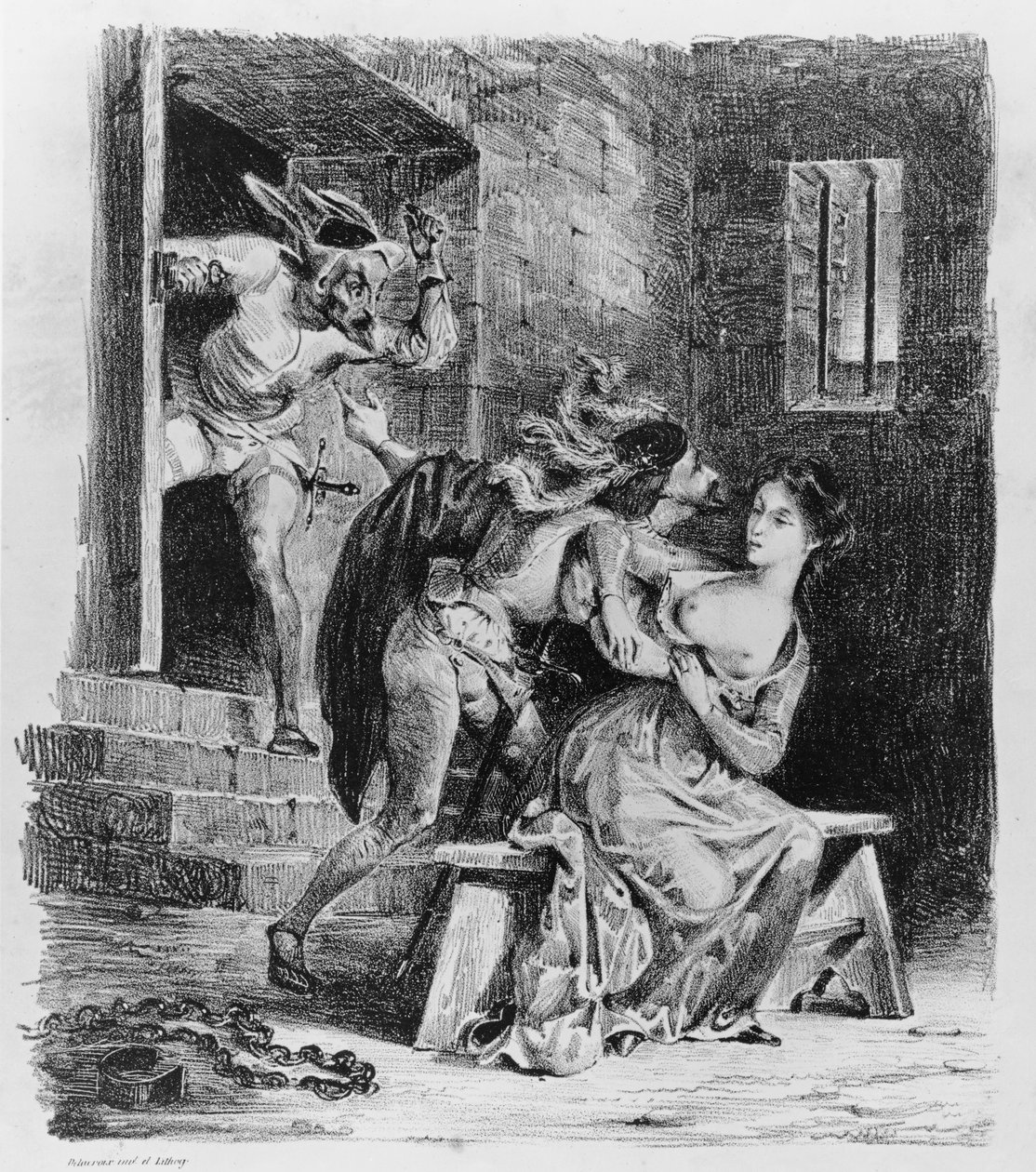 Faust redder Marguerite fra sit fængsel, fra Goethes Faust, 1828, (illustration), (bw foto af litho) af Ferdinand Victor Eugene Delacroix