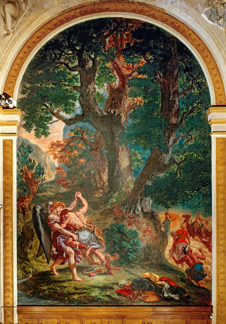 Kampen mellem Jakob og englen, 1850-61 (olie og voks på gips) (se detalje 252678) af Ferdinand Victor Eugene Delacroix