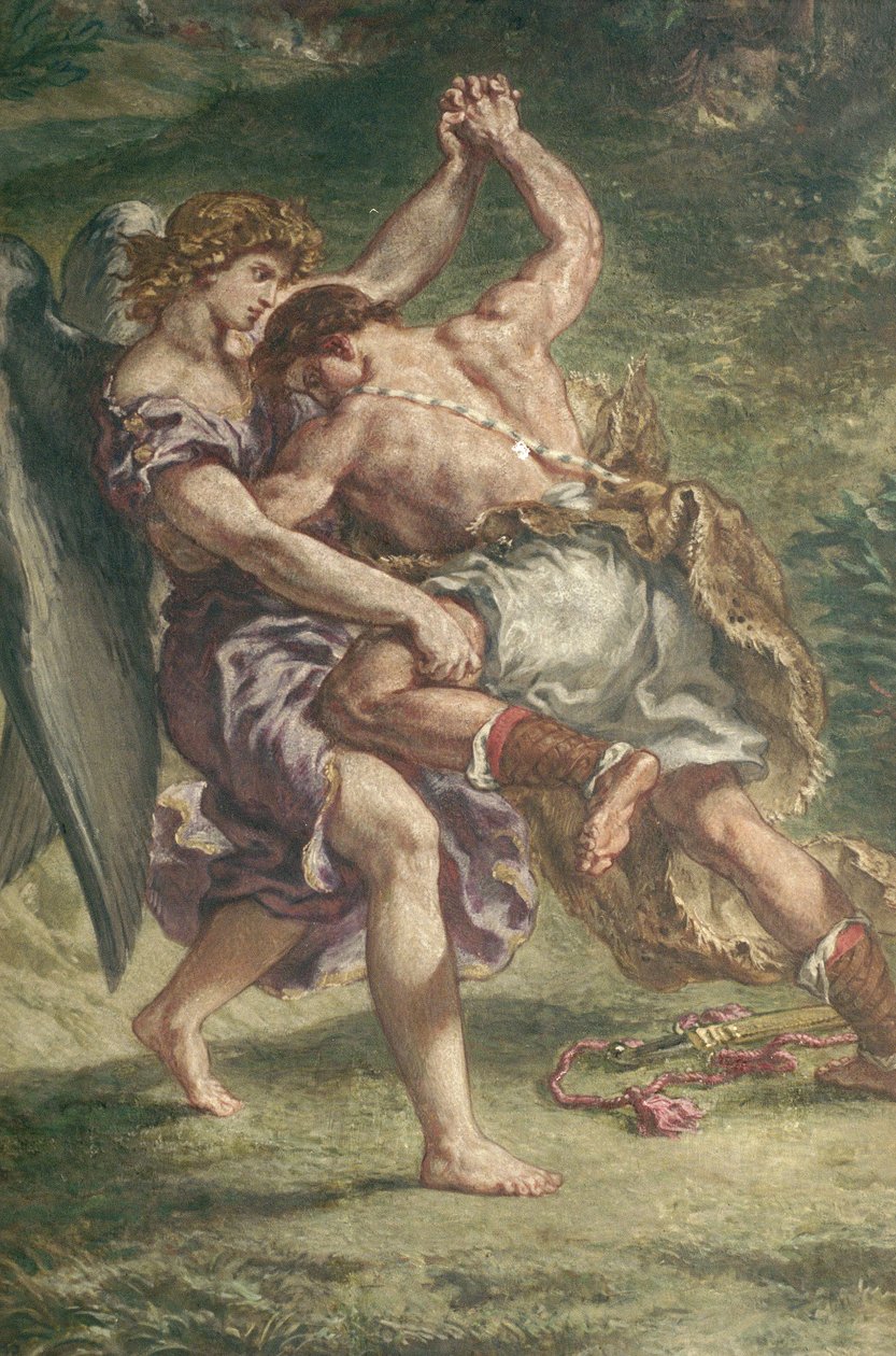 Kampen mellem Jakob og englen, detalje, chapelle des Saints-Anges, 1850-61 (olie og voks på gips) (se også 59927) af Ferdinand Victor Eugene Delacroix