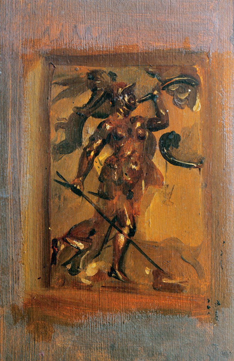 Mand i rustning blæser i et horn af Ferdinand Victor Eugene Delacroix