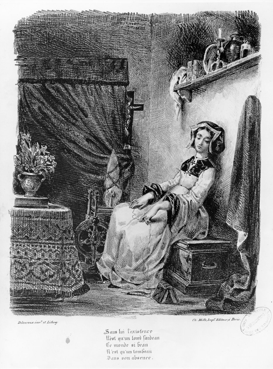 Marguerite in her Room, fra Goethes Faust, (illustration), (bw foto af litografi) af Ferdinand Victor Eugene Delacroix