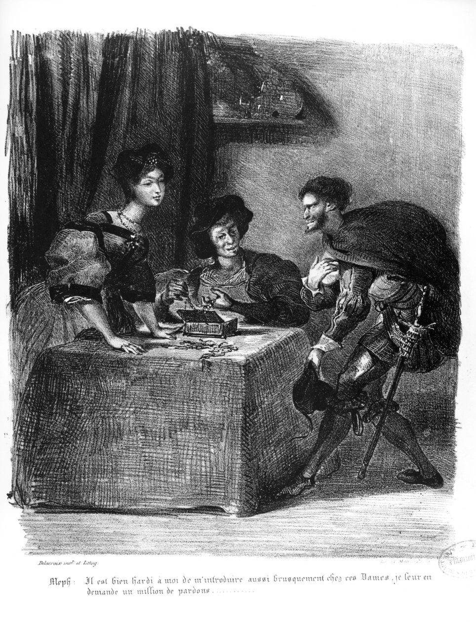 Mephistopheles, Martha og Marguerite, fra Goethes Faust, 1828, (illustration), (bw foto af litografi) af Ferdinand Victor Eugene Delacroix