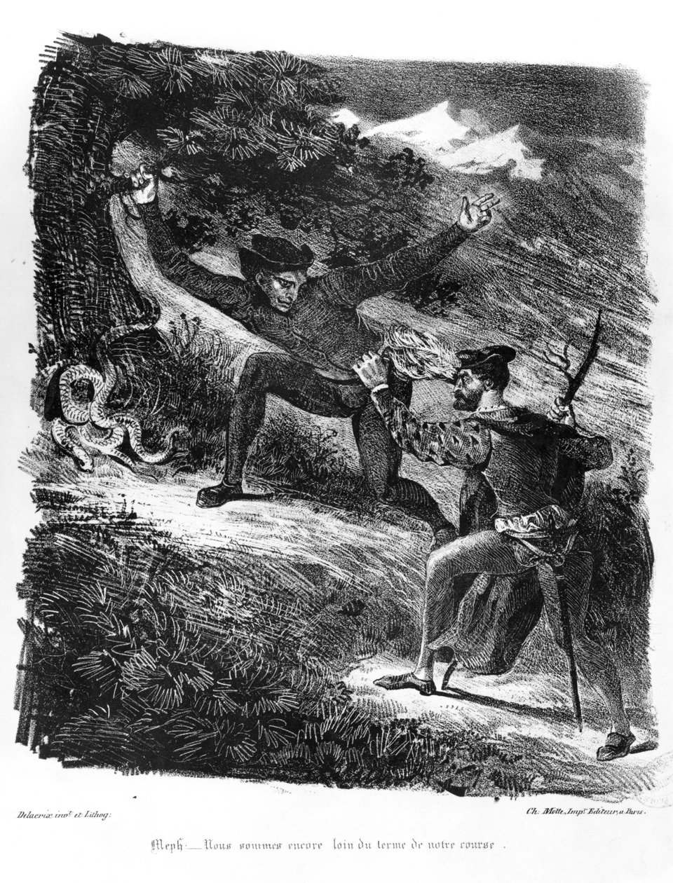 Mephistopheles og Faust på vej til sabbatten om natten, Illustration til Faust af Goethe, 1828 (bw foto af litografi) af Ferdinand Victor Eugene Delacroix