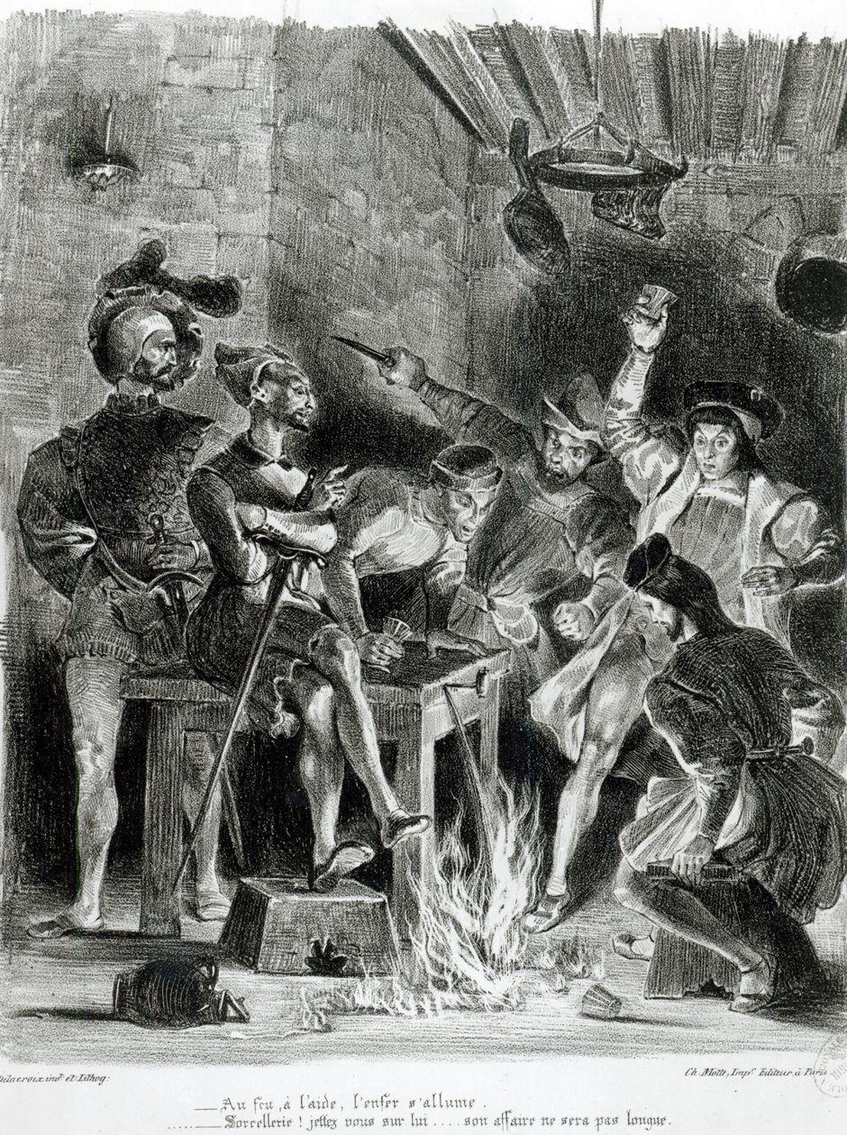 Mephistopheles and the drinking companions, fra Goethes Faust, 1828, (illustration), (bw foto af litografi) af Ferdinand Victor Eugene Delacroix
