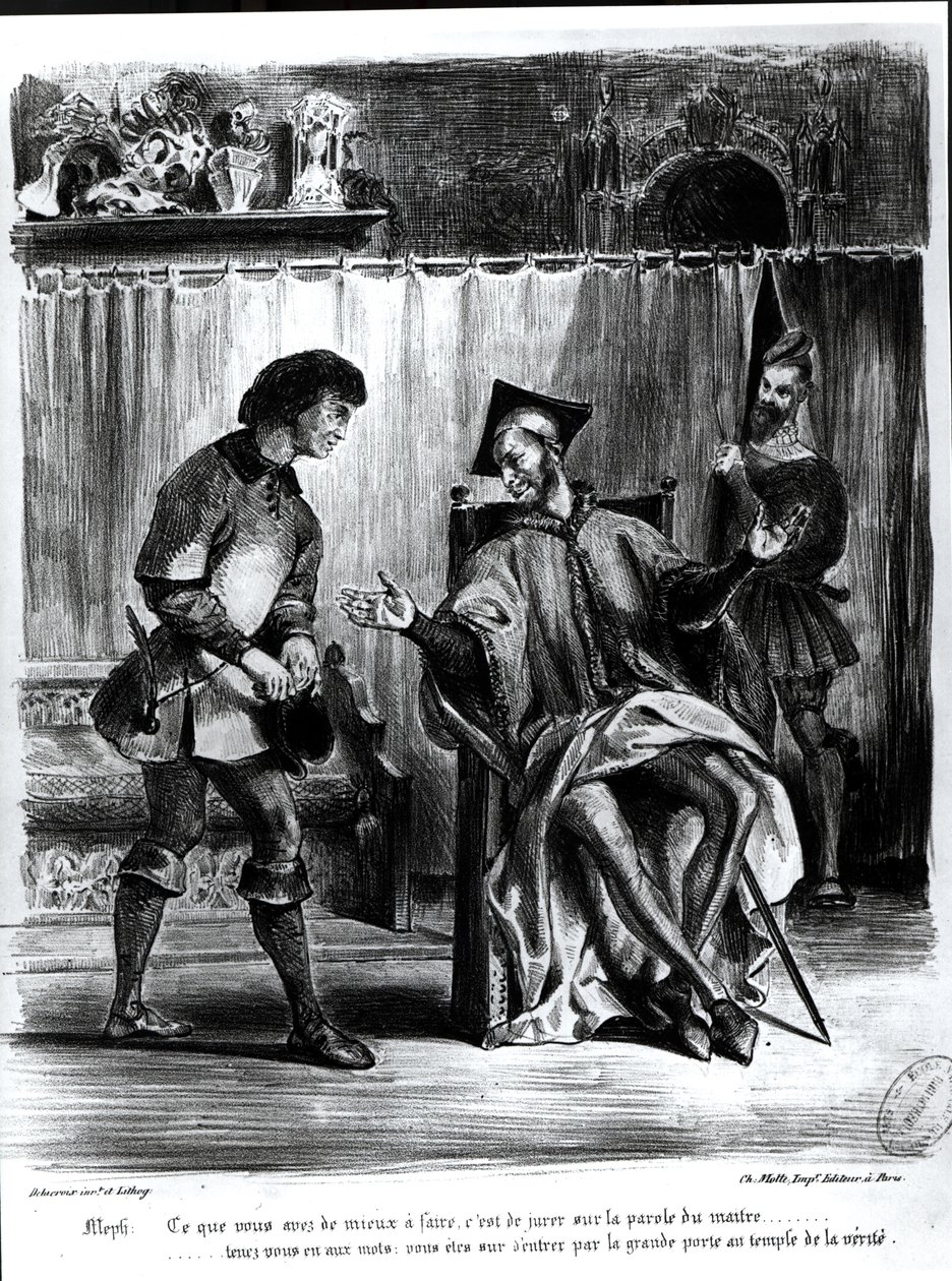 Mefistofeles og eleven, fra Goethes Faust, (illustration), (bw foto af litografi) af Ferdinand Victor Eugene Delacroix