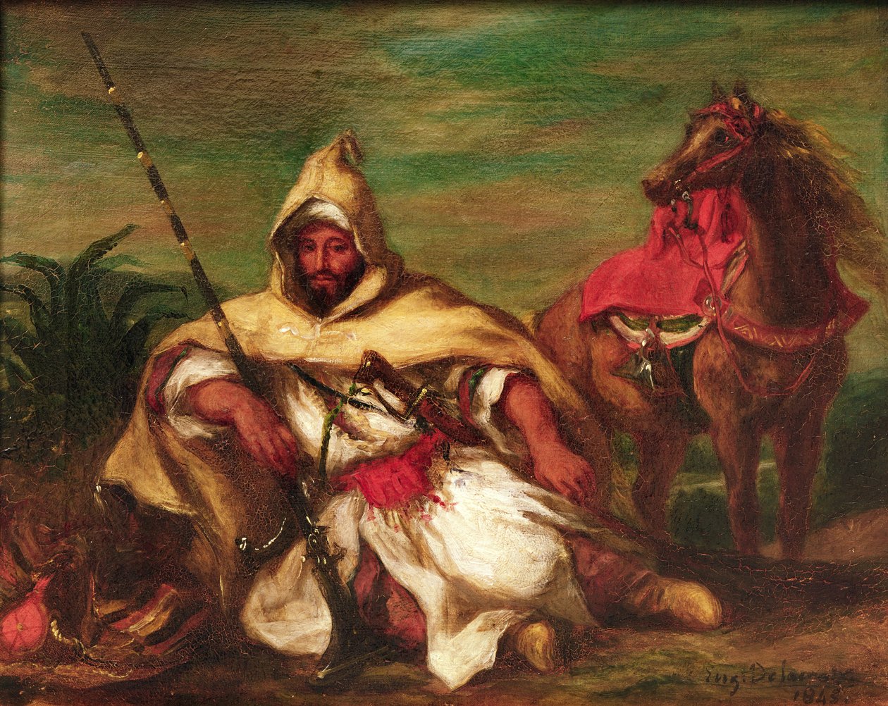 Marokkansk soldat siddende nær sin hest, 1845 af Ferdinand Victor Eugene Delacroix