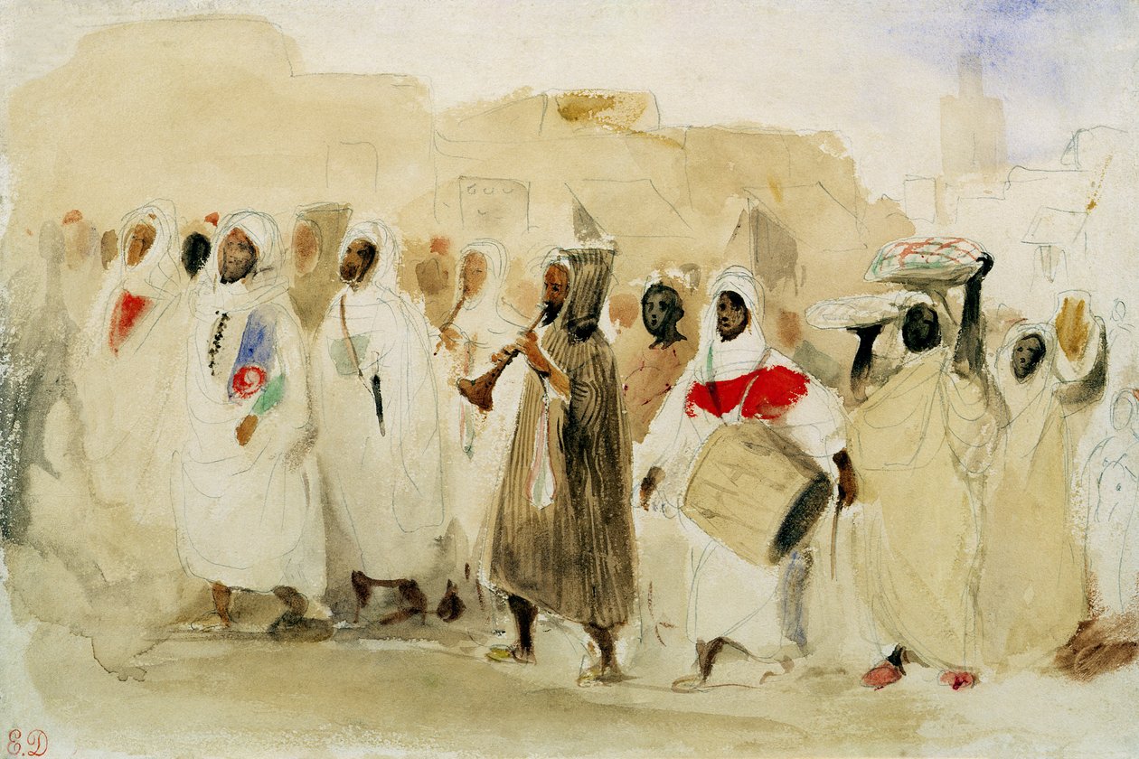Procession af musikere i Tanger (wc og blyant på papir) af Ferdinand Victor Eugene Delacroix