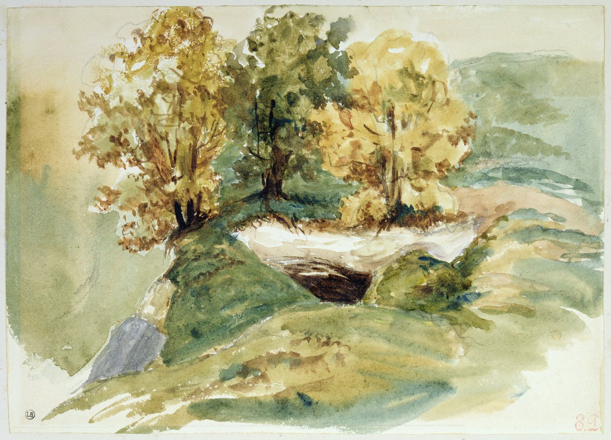 Tre træer på kanten af en bakke af Ferdinand Victor Eugene Delacroix