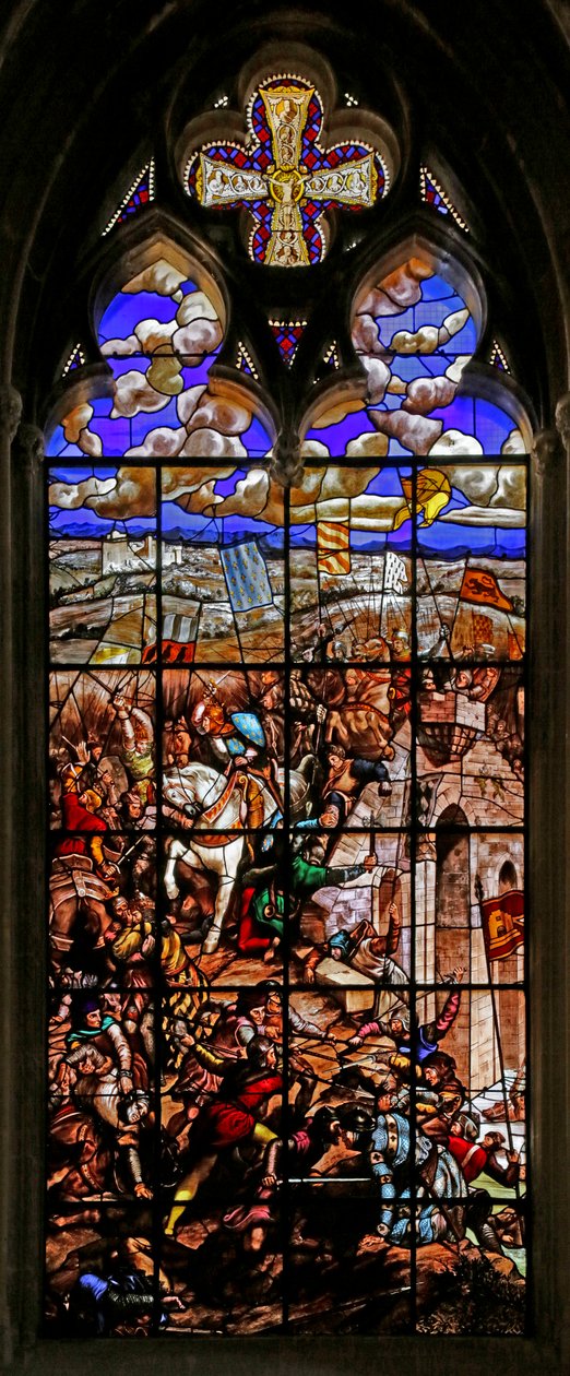 Vindue, der forestiller Saint Louis ved slaget ved Taillebourg (farvet glas) af Ferdinand Victor Eugene Delacroix