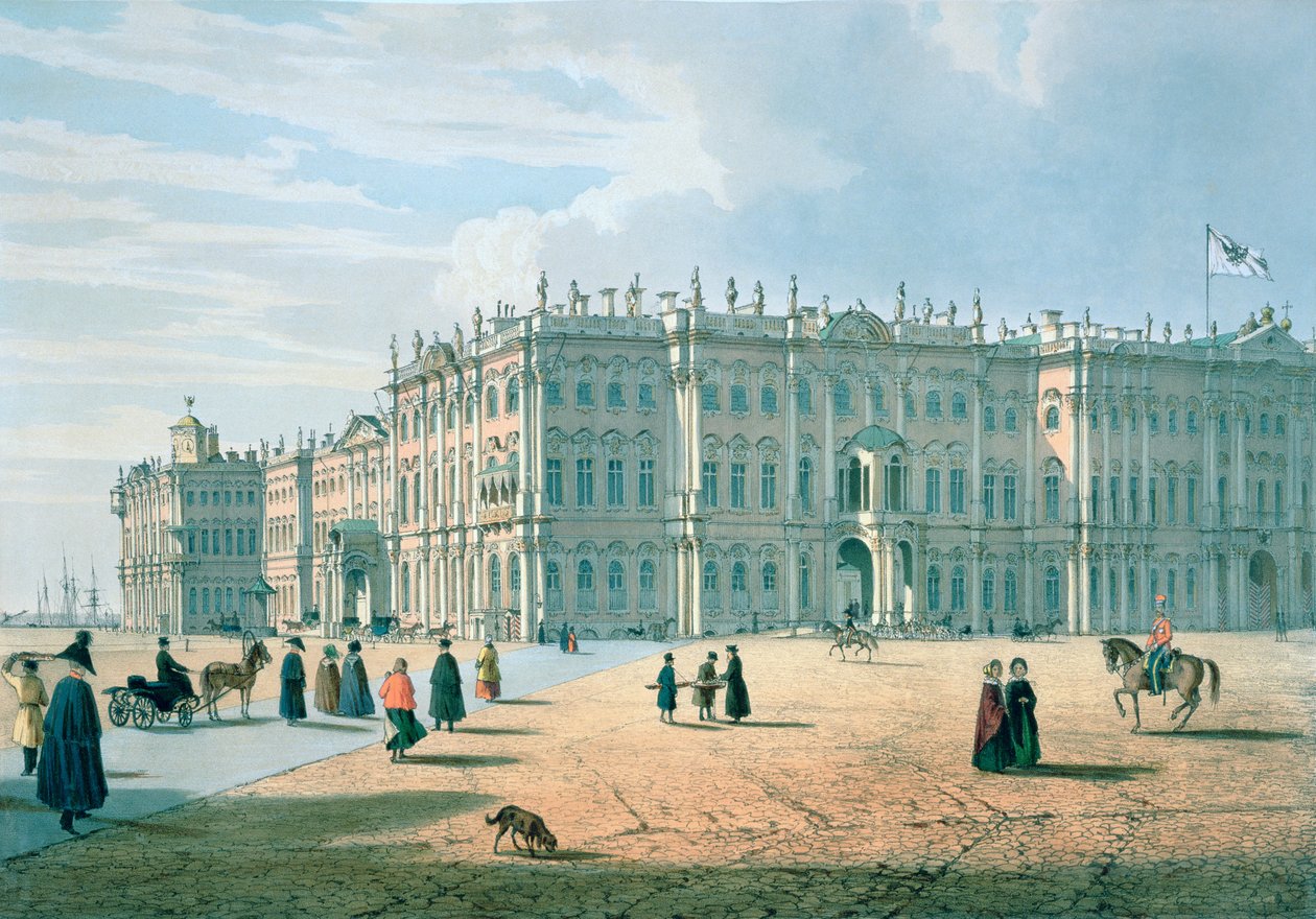 Vinterpaladset set fra Paladspassagen, Sankt Petersborg, ca. 1840 af Ferdinand Victor Perrot