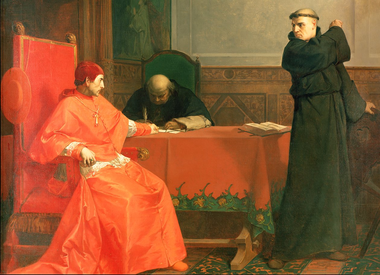 Luther foran kardinal Cajetan under kontroversen om hans 95 teser, 1870 af Ferdinand Wilhelm Pauwels