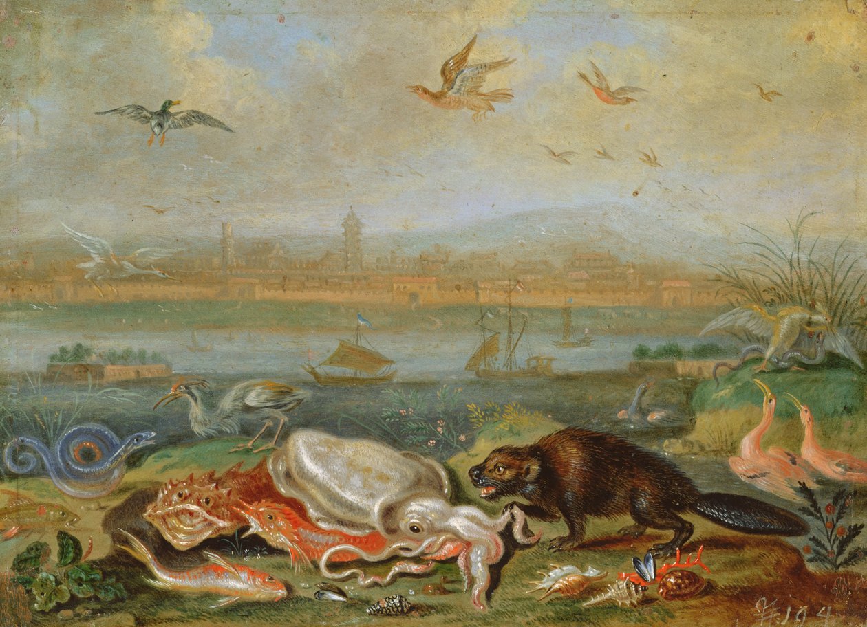 Væsner fra de fire kontinenter i et landskab med udsigt over Kanton i baggrunden (olie på kobber) af Ferdinand van Kessel